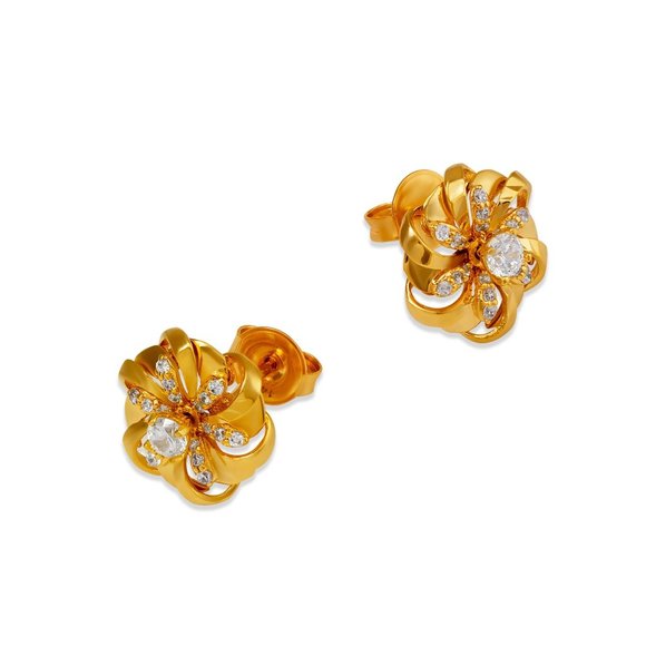 14k REAL GOLD Fancy Flower Stud CZ Earrings 12MM - Picture 3 of 4